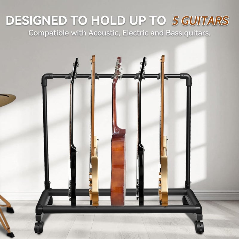 Azor 5 Multi Guitar Stand Rack with Wheels, Folding Design 5 Holder Multiple Guitar Rack for Acoustic Electric Guitar, Bass, Soft Cushioning Sponge Protects Your Instruments - Image 2